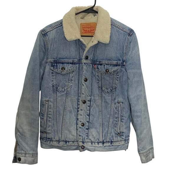 LEVIS Jean Jacket Blue Sherpa Lined Denim Snap Trucker 90s Stonewash Mens S - Picture 1 of 10